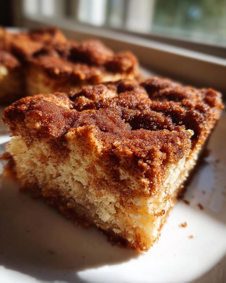 Close-up van een stuk Snickerdoodle Cobbler met een dikke, gekruide kaneelsuiker topping.