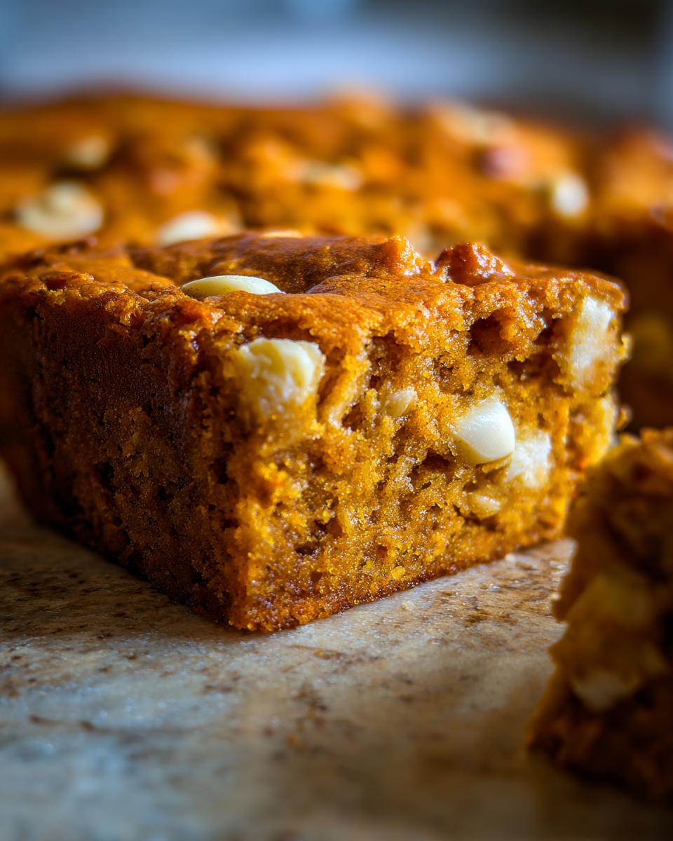 Close-up van een vochtig stuk Pumpkin Blondie met stukjes witte chocolade, rijk oranje van kleur.