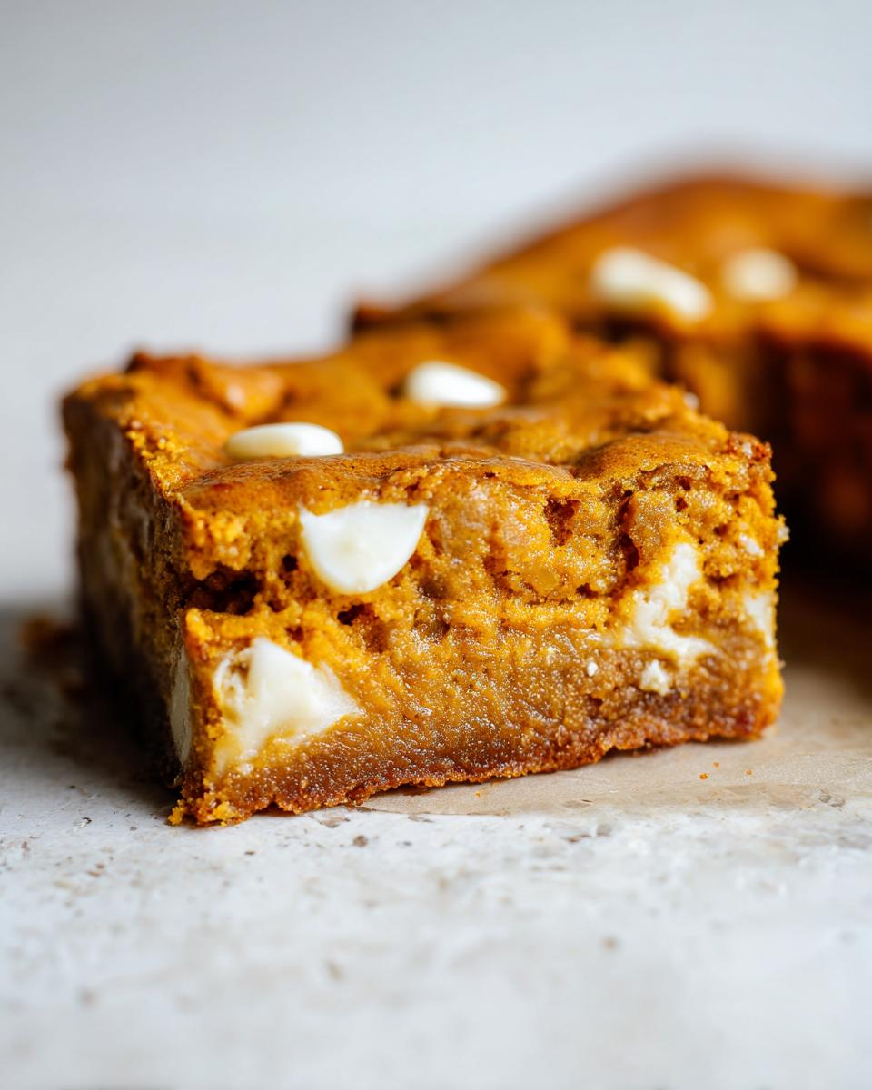 Close-up van een zacht, oranje stuk Pumpkin Blondies met stukjes witte chocolade erin.