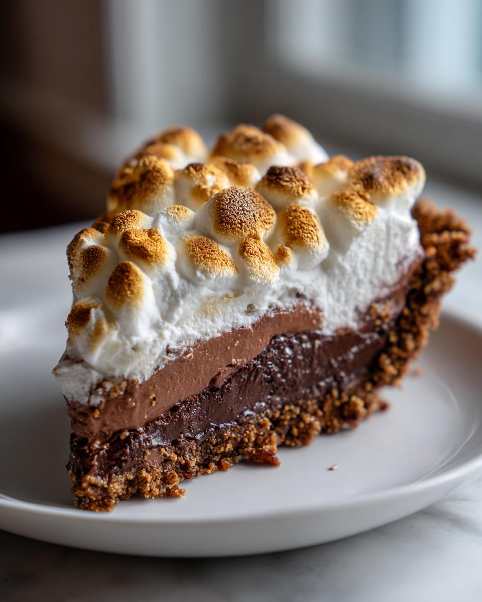 Een dikke punt Mississippi Mud Pie met een krokante bodem, chocoladevulling en geroosterde marshmallow topping.