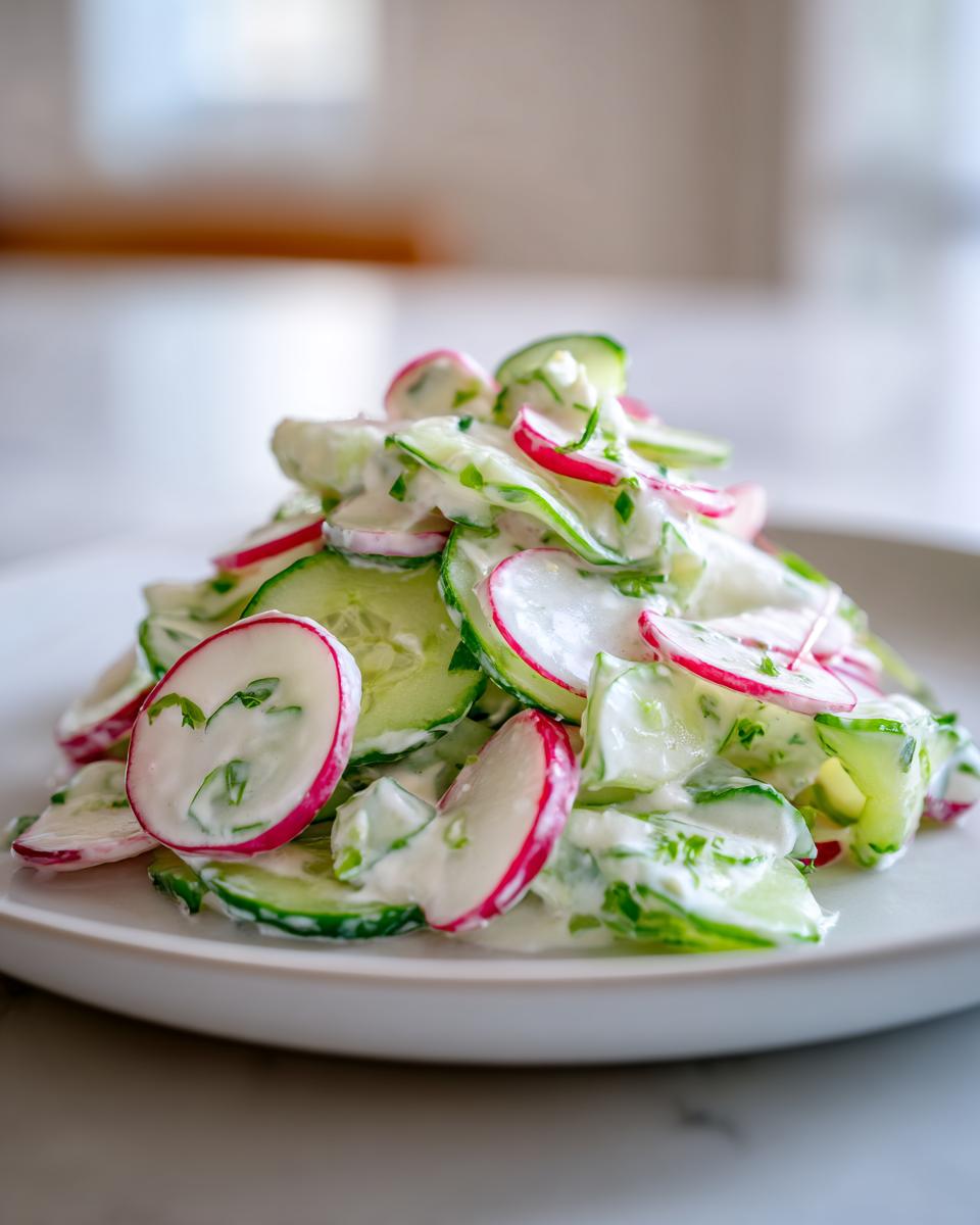 Gestapelde schijfjes komkommer in een romige Radish Cucumber Salad Garlic Yogurt Dressing met dille op een lichtgrijs bord.