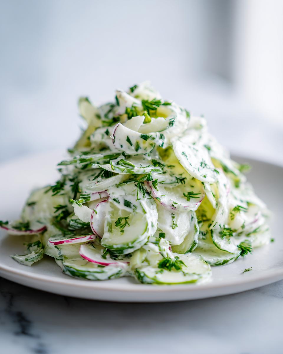 Close-up van Radijs Komkommer Salade met Knoflook Yoghurt Dressing op een wit bord.