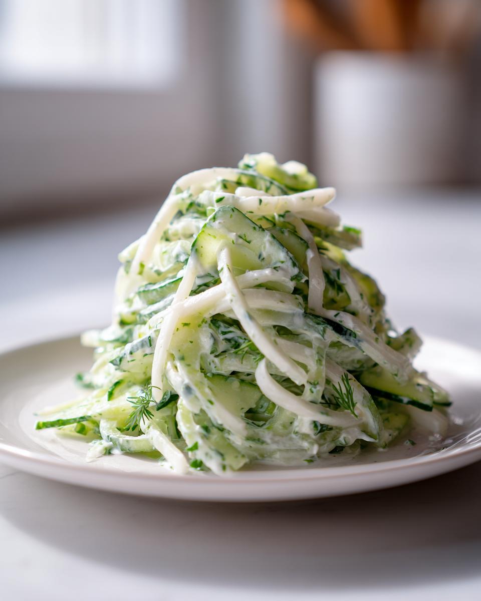 Opgehoopte Radijs Komkommer Salade met Knoflook Yoghurt Dressing en dille op een wit bord.