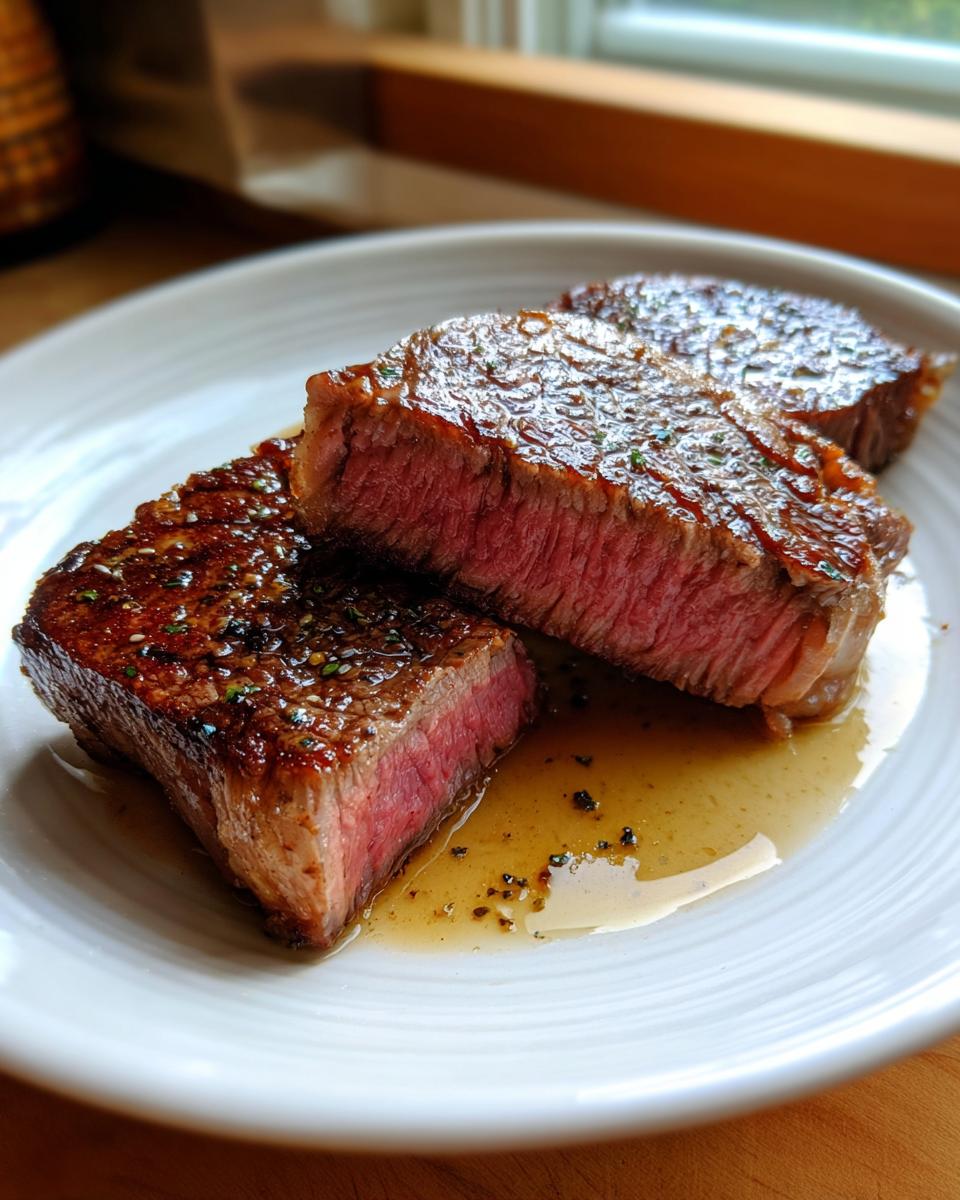 Drie stukken sappige, medium-rare Ribeye Steak Dinner op een wit bord met jus.