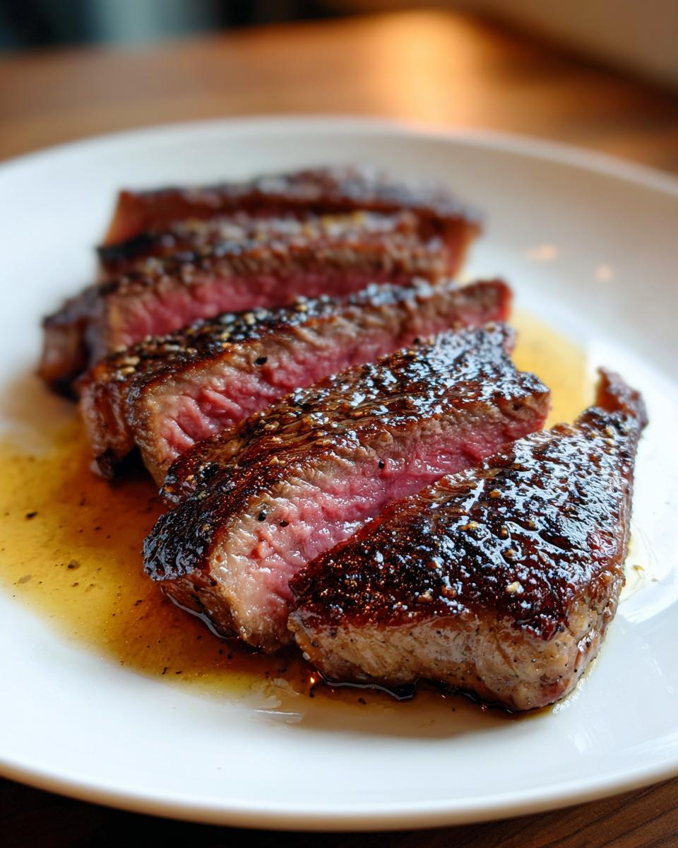 Drie plakjes perfect gegaard Ribeye Steak Dinner met een mooie roze kern en gekarameliseerde korst.