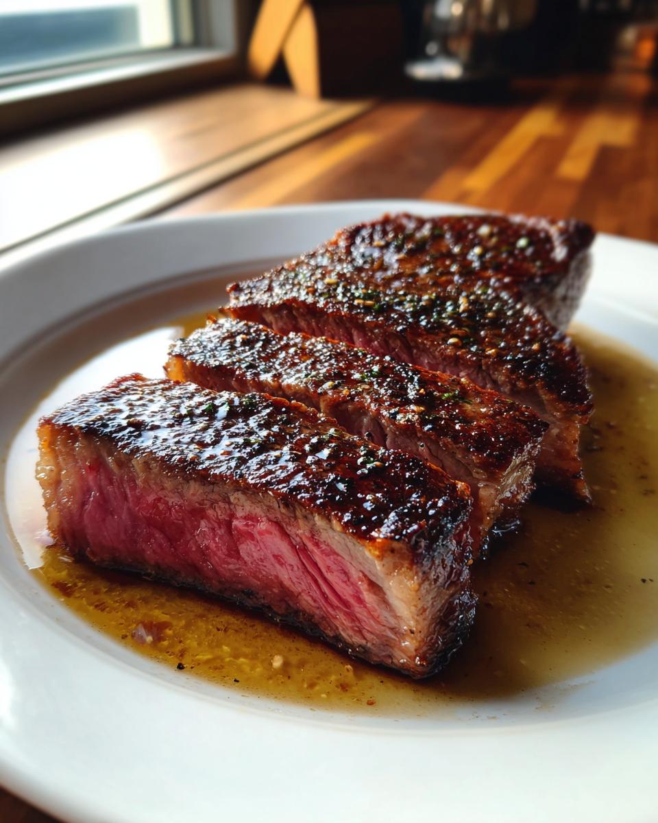 Drie plakjes perfect gegaard Ribeye Steak Dinner met een mooie roze kern en een gekarameliseerde korst.