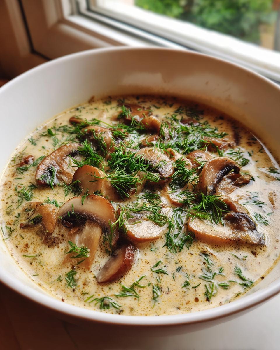 Close-up van een kom romige Hungarian Mushroom Soup met plakjes champignons en verse dille.