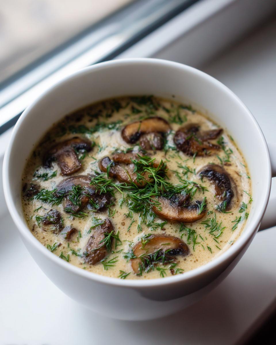 Close-up van een witte kom met romige Hungarian Mushroom Soup, gegarneerd met gebakken champignons en verse dille.