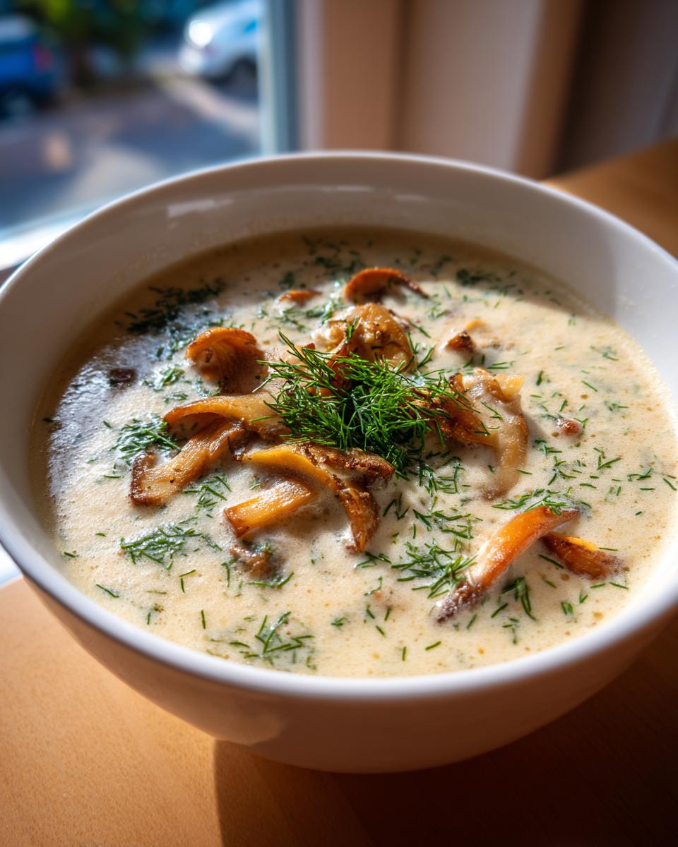 Close-up van een kom romige Hungarian Mushroom Soup gegarneerd met gebakken paddenstoelen en verse dille.