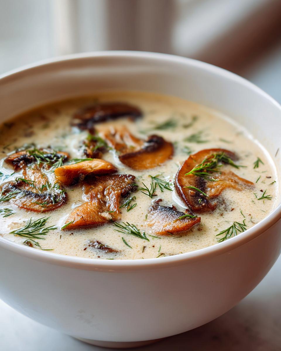 Close-up van een kom romige Hungarian Mushroom Soup met gebakken champignons en verse dille.