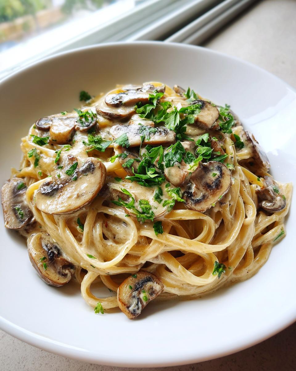 Close-up van een kom met romige miso champignon pasta, gegarneerd met gebakken champignons en peterselie.