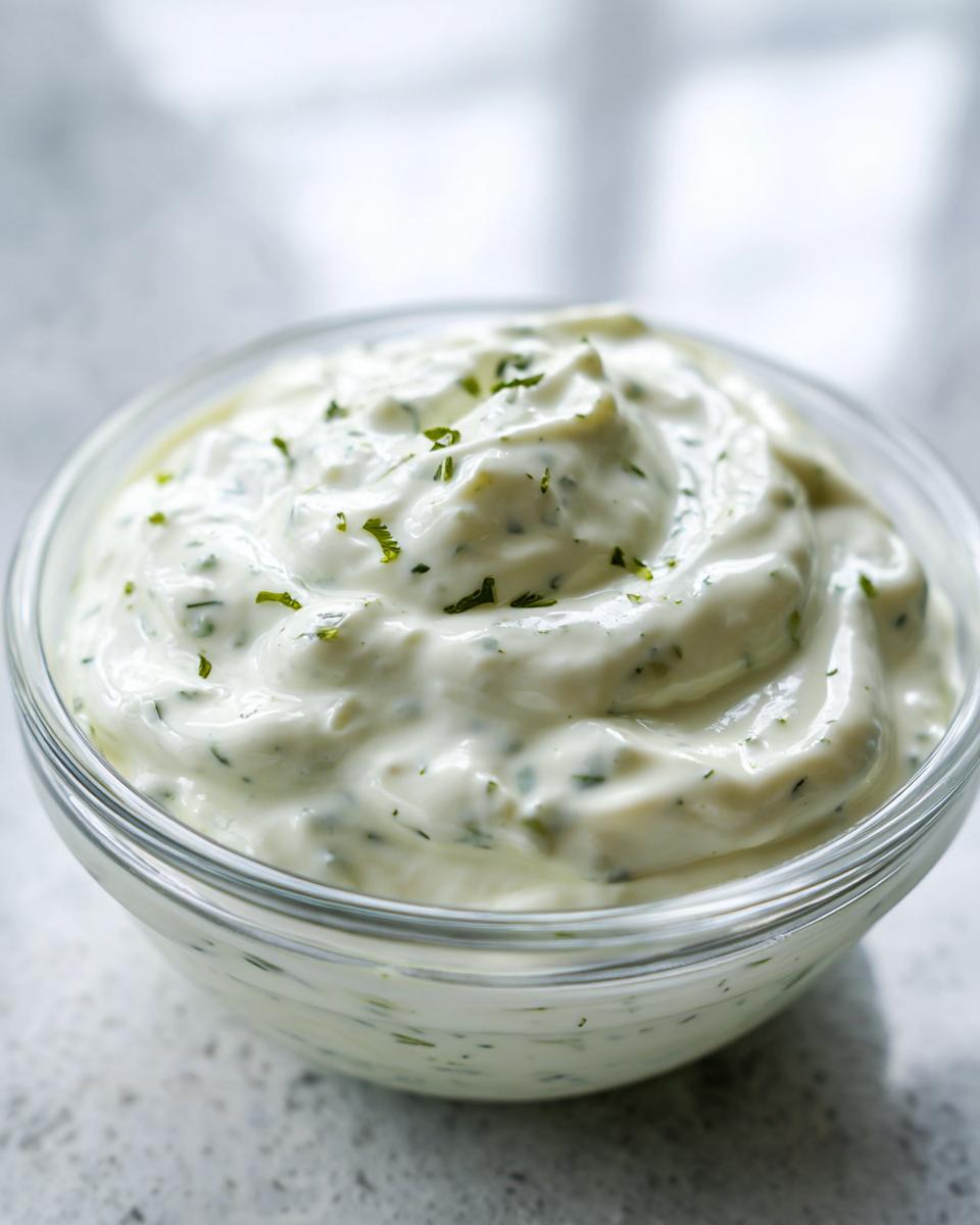 Close-up van romige, witte Ranch Dressing met groene kruiden in een klein glazen kommetje.