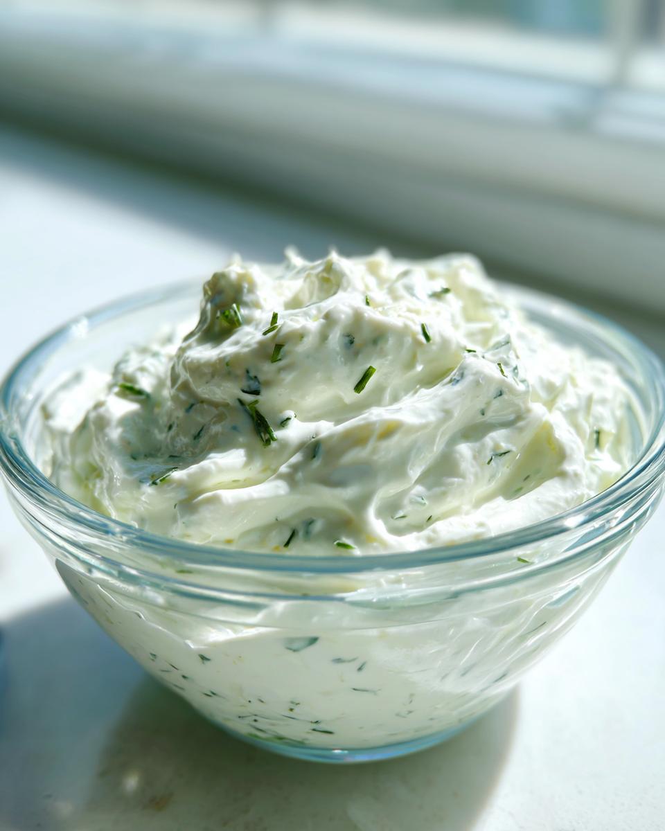 Close-up van romige, witte Ranch Dressing met groene kruiden in een glazen kom.