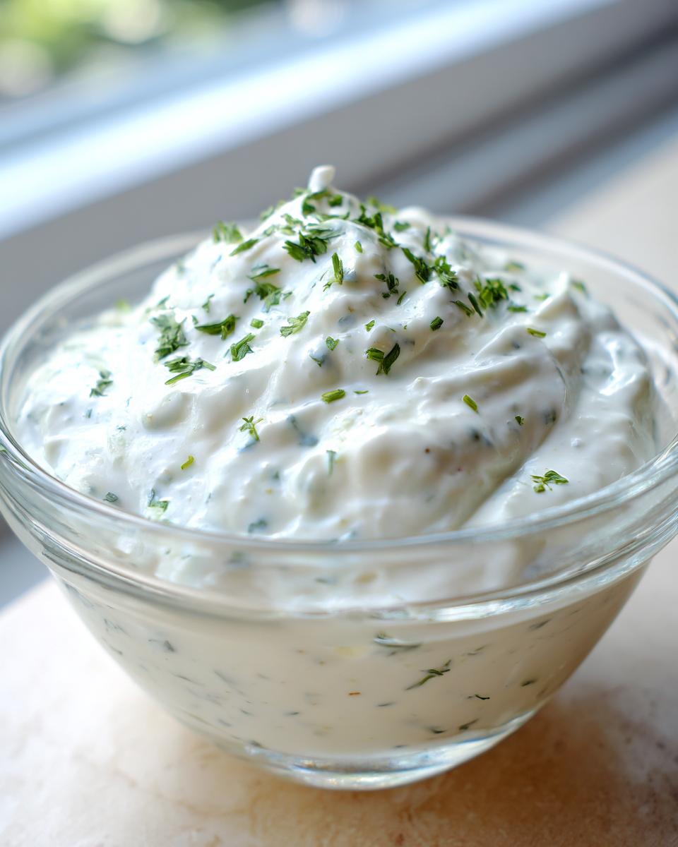 Close-up van romige Ranch Dressing met verse kruiden, geserveerd in een glazen kommetje.