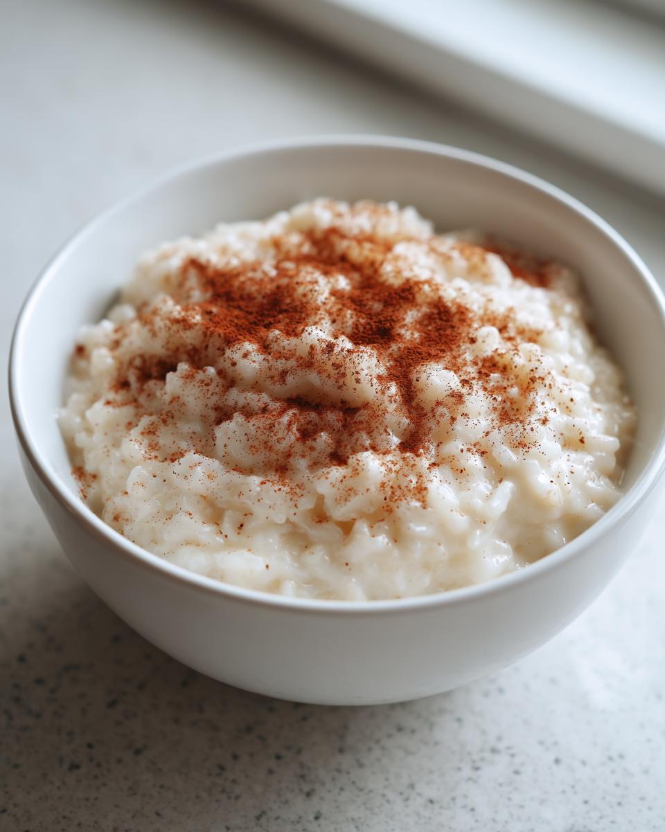 Close-up van een kom met romige rijstepap, rijkelijk bestrooid met kaneelpoeder.