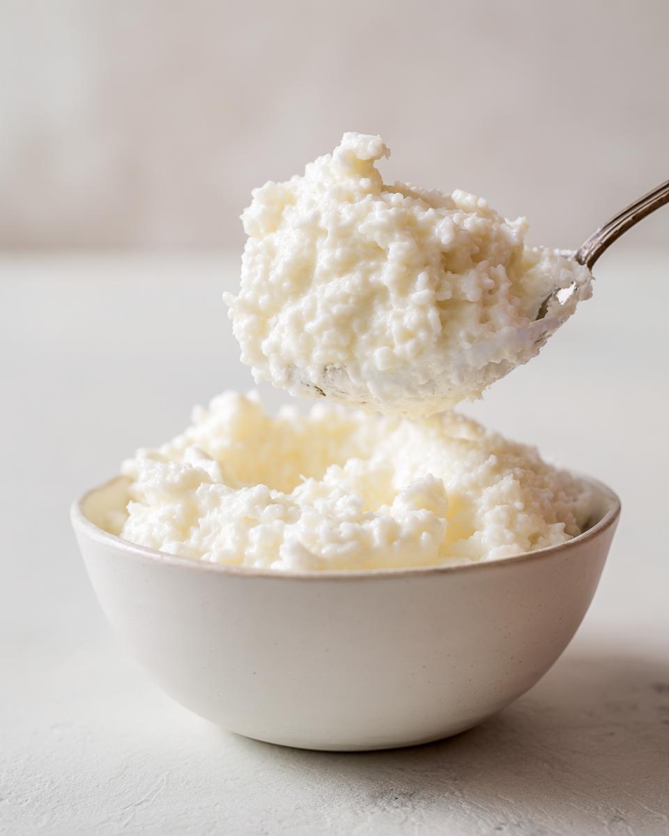 Een lepel vol met dikke, romige rijstpudding wordt boven een witte kom met rijstpudding gehouden.