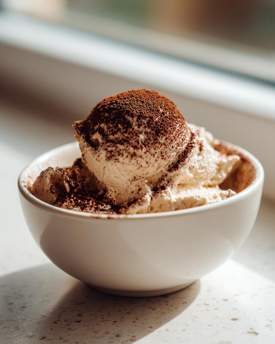 Close-up van romige Tiramisu Ice Cream, gegarneerd met cacaopoeder, in een witte kom.