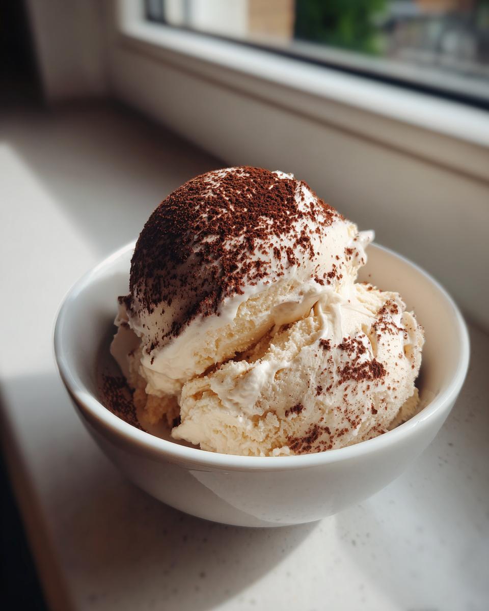 Twee bollen romige Tiramisu Ice Cream bestrooid met cacaopoeder in een witte kom.