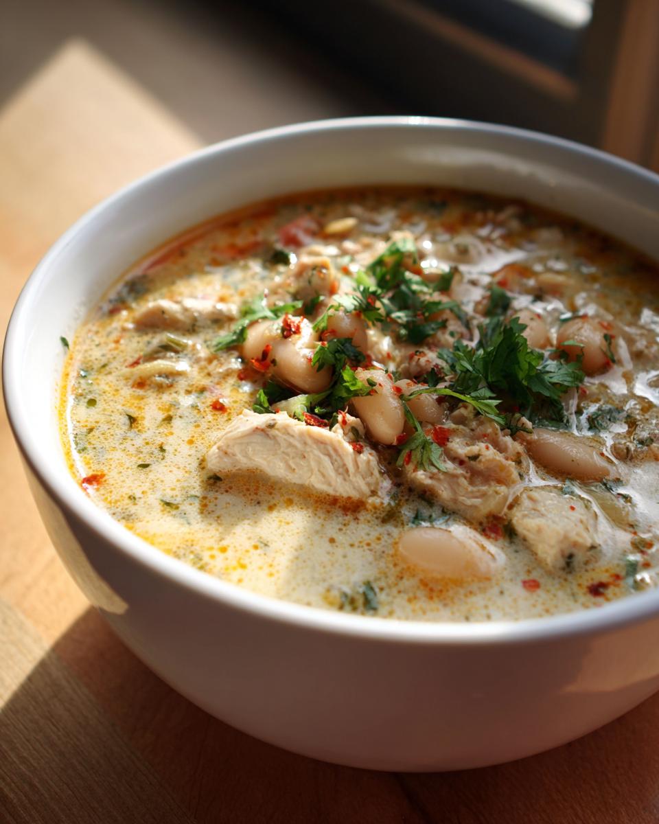 Close-up van een kom romige White Chicken Chili met stukjes kip, witte bonen en peterselie.