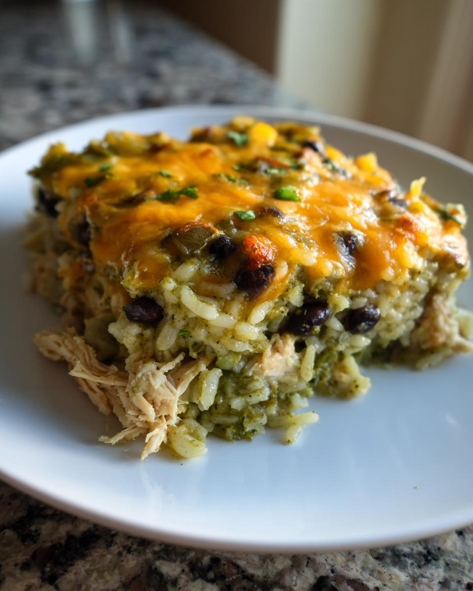 Een portie Salsa Verde Chicken Rice Casserole met gesmolten kaas en zwarte bonen op een wit bord.