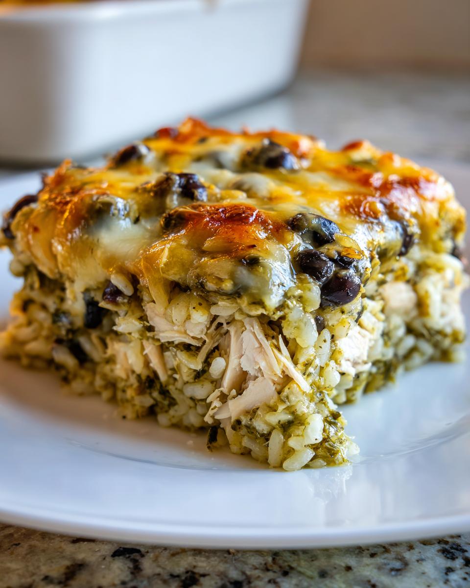 Een close-up van een portie Salsa Verde Chicken Rice Casserole met gesmolten kaas en zwarte bonen bovenop.