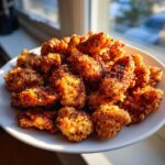 Een bord vol goudbruine, krokante stukjes Salt And Pepper Chicken met zichtbare zwarte peperkorrels.