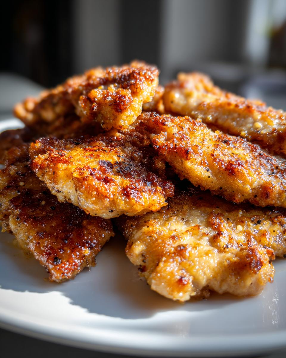 Close-up van een stapel goudbruin gebakken Salt Pepper Chicken stukjes met zichtbare peperkorrels op een wit bord.