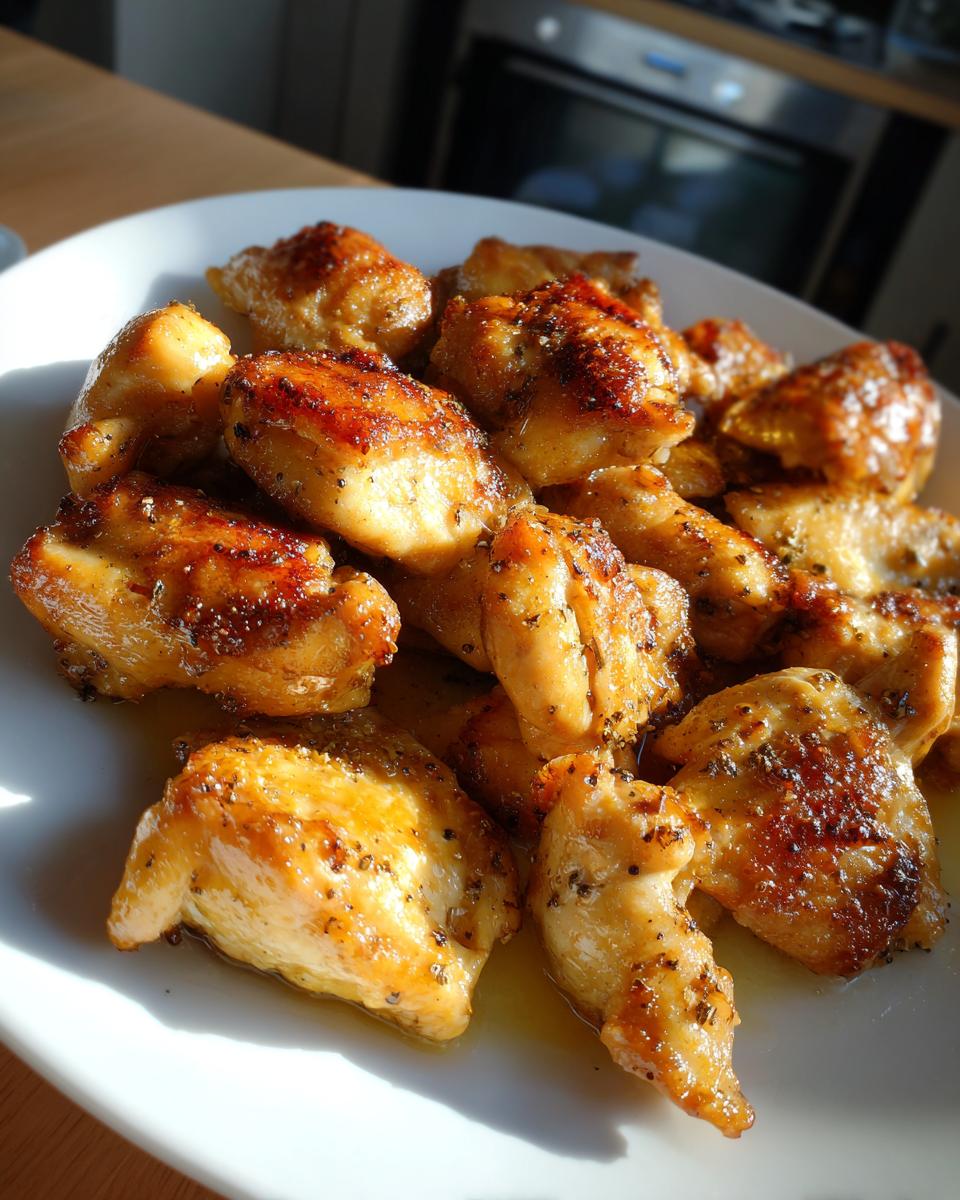 Close-up van goudbruine, gebakken stukjes Salt Pepper Chicken met zichtbare peperkorrels op een wit bord.