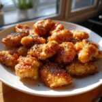 Een bord vol met glanzende, gefrituurde stukjes Salt Pepper Chicken, bestrooid met zwarte en witte peperkorrels.