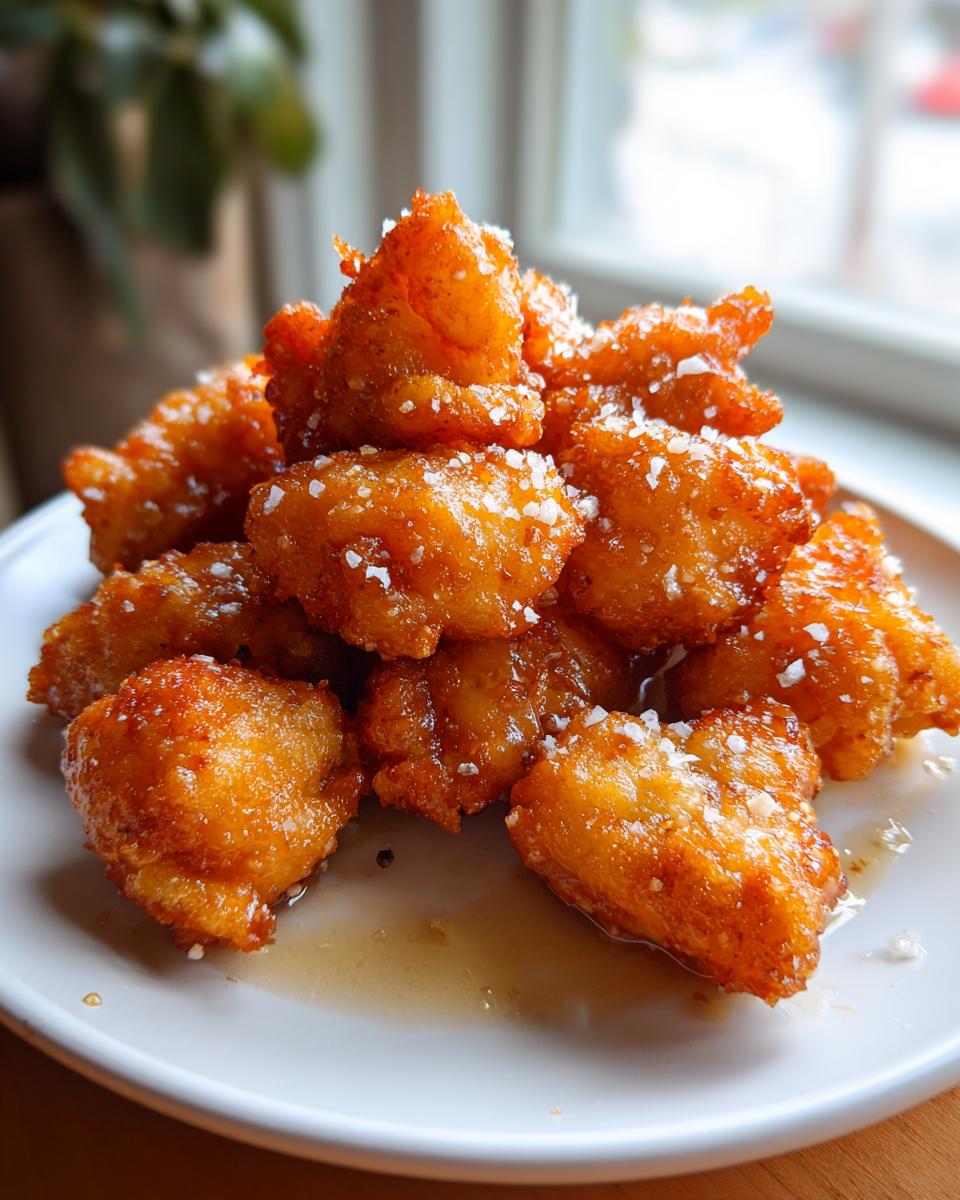 Een stapel gefrituurde, geglazuurde Salt Pepper Chicken stukjes, bestrooid met grof zeezout op een wit bord.