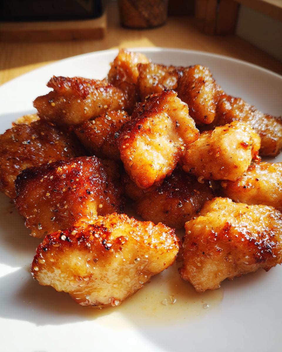 Close-up van goudbruine, gekarameliseerde Salt Pepper Chicken stukjes bestrooid met zwarte peper.