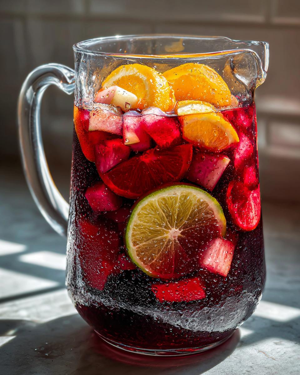 Close-up van een glazen kan gevuld met een donkerrode Sangria Recipe, vol met stukjes fruit zoals sinaasappel en limoen.