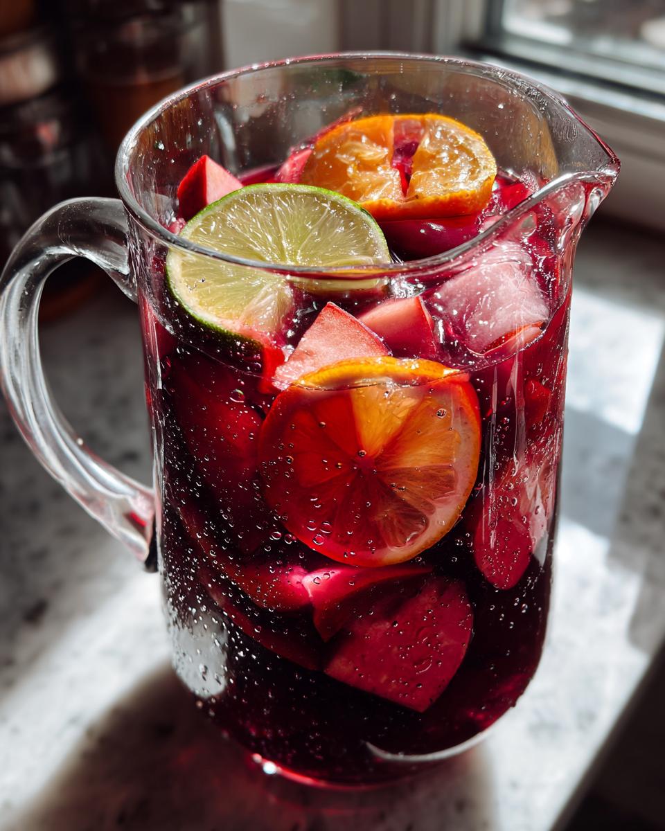 Close-up van een glazen kan gevuld met rode Sangria Recipe, ijsblokjes en schijfjes sinaasappel en limoen.