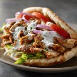 Close-up van een sappige Chicken Gyros gevuld met gegrild kip, sla, rode ui, tomaat en witte tzatziki saus.