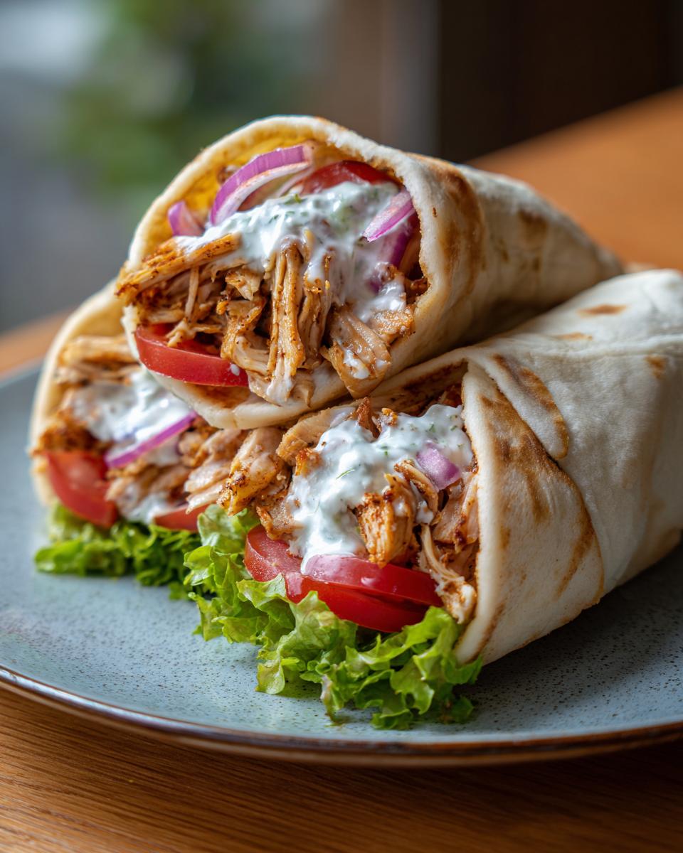 Twee gevulde pitabroden met gekruide Chicken Gyros, sla, tomaat, rode ui en tzatziki.