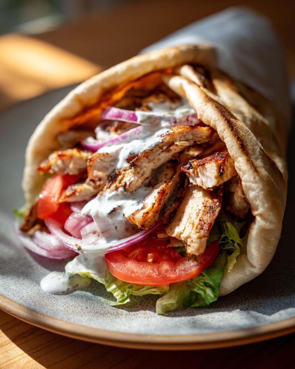 Close-up van een sappige Chicken Gyros gevuld met gegrilde kip, tomaat, rode ui, sla en tzatziki saus.