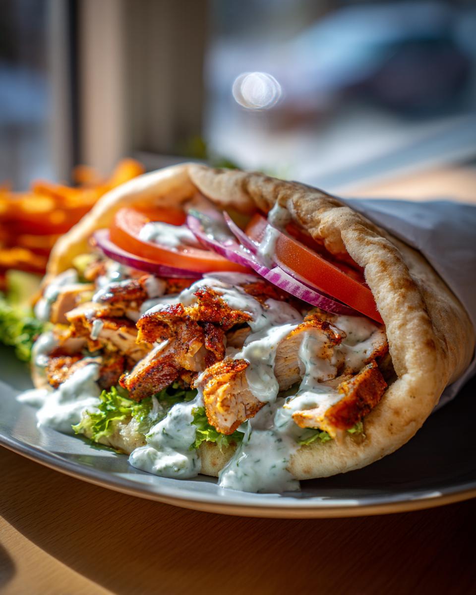 Close-up van een gevulde pita met gekruide Chicken Gyros, sla, tomaat, rode ui en een royale hoeveelheid tzatziki.