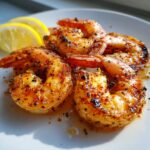 Close-up van sappige, gekruide gegrilde garnalen geserveerd met schijfjes citroen op een wit bord.