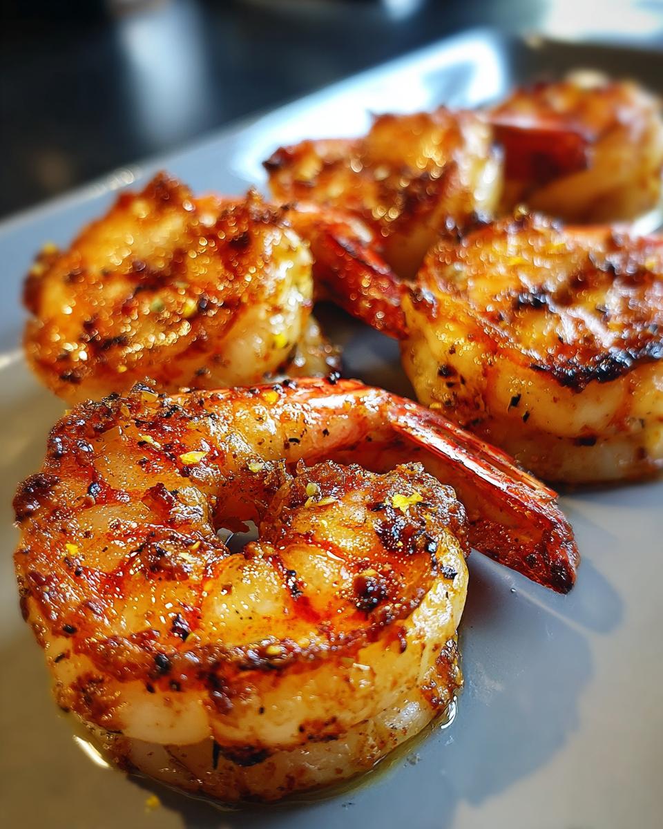 Close-up van een paar sappige gegrilde garnalen, gekruid met zichtbare specerijen, geserveerd op een grijs bord.