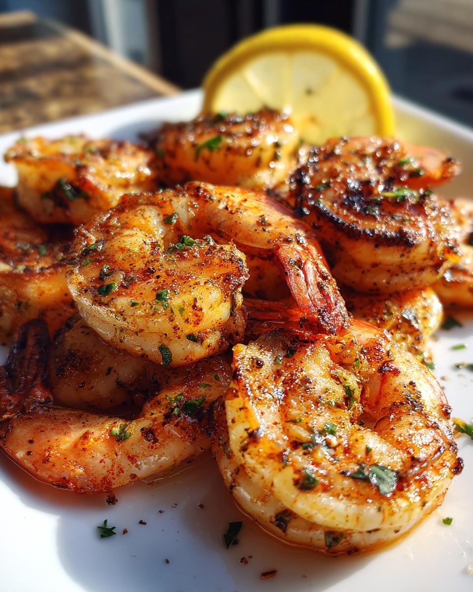 Close-up van sappige Gegrilde Garnalen, gekruid en gegarneerd met peterselie en een schijfje citroen.