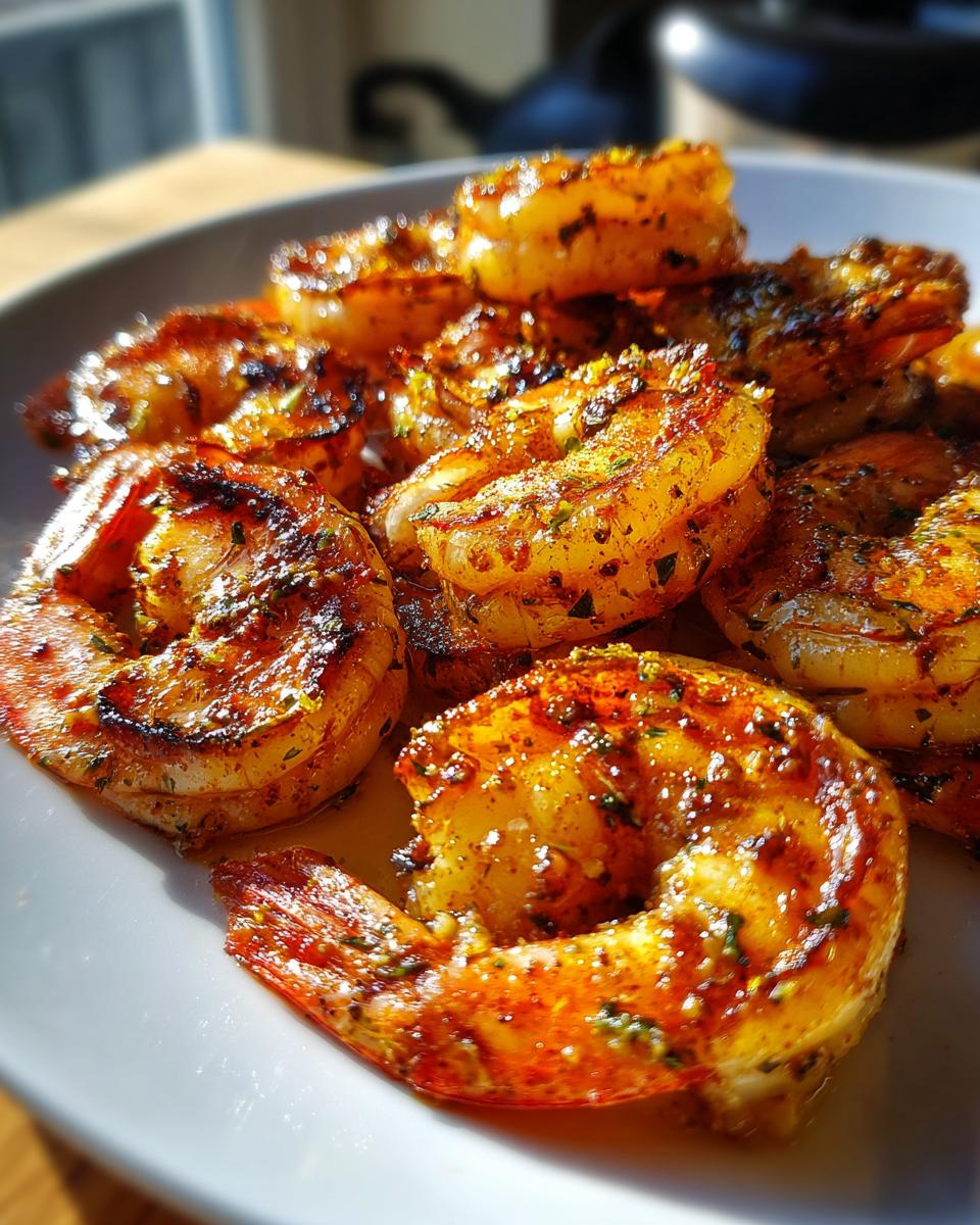 Close-up van sappige Gegrilde Garnalen, gekruid en goudbruin gebakken, geserveerd op een wit bord.