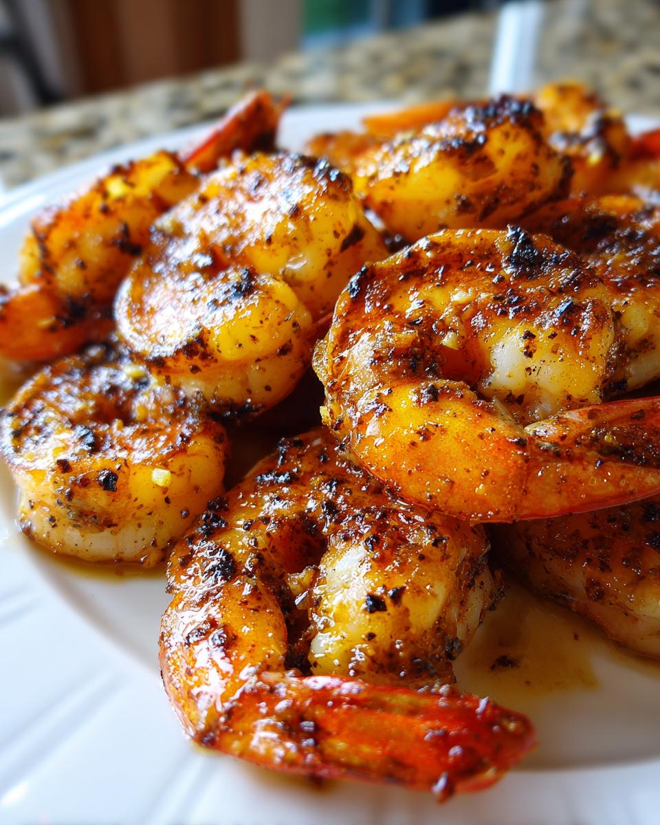 Close-up van sappige Gegrilde Garnalen, bedekt met een rijke, donkere kruidenmarinade op een wit bord.