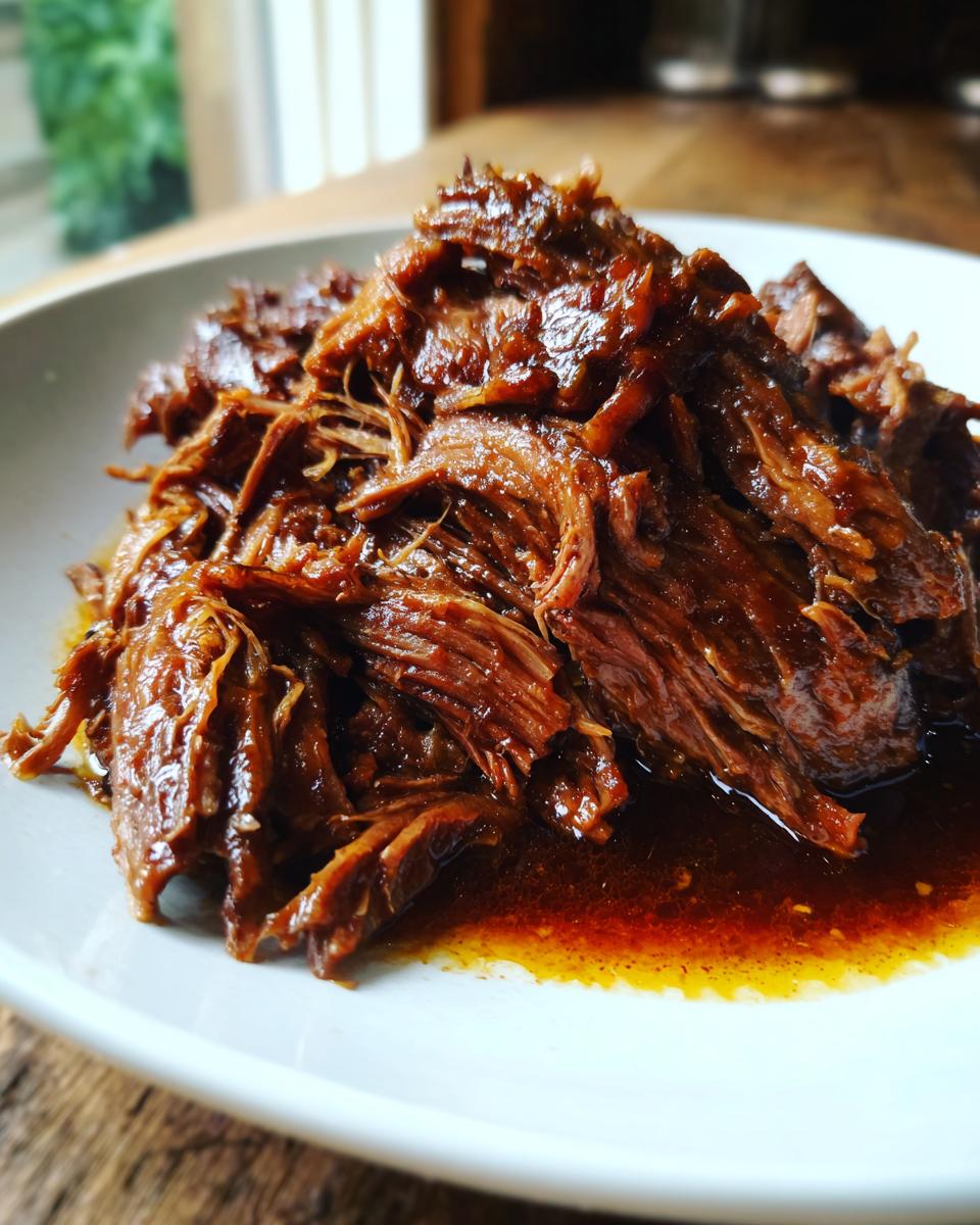 Close-up van sappige, draadjesvlees-achtige Slow Cooker Beef Barbacoa op een wit bord.