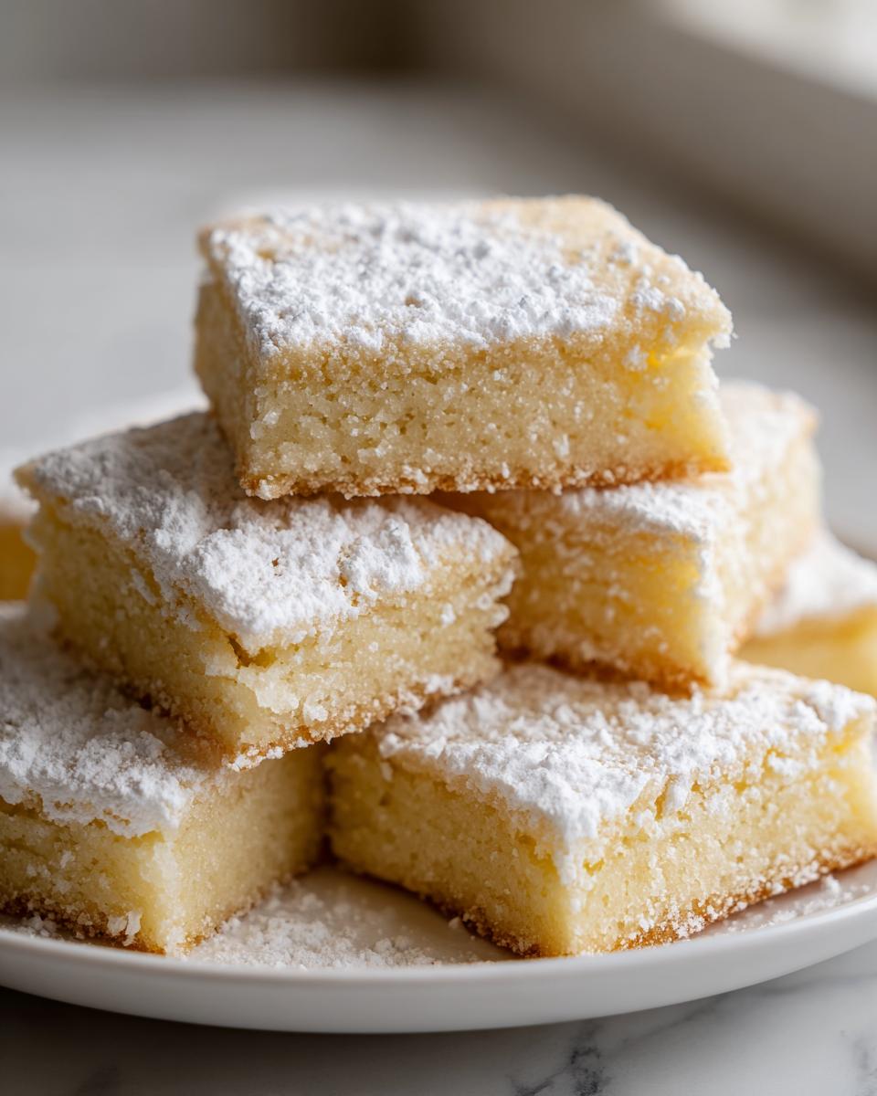 Stukken Shortbread Cookies op een witte schotel, rijkelijk bestrooid met poedersuiker.