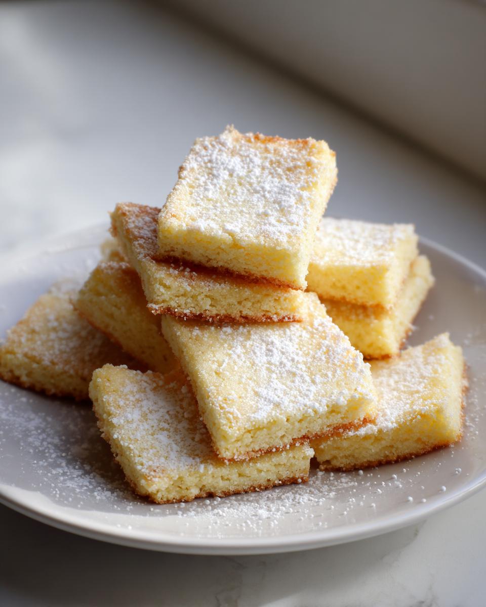 Stukjes zelfgemaakte Shortbread Cookies gestapeld op een bord, bestrooid met poedersuiker.
