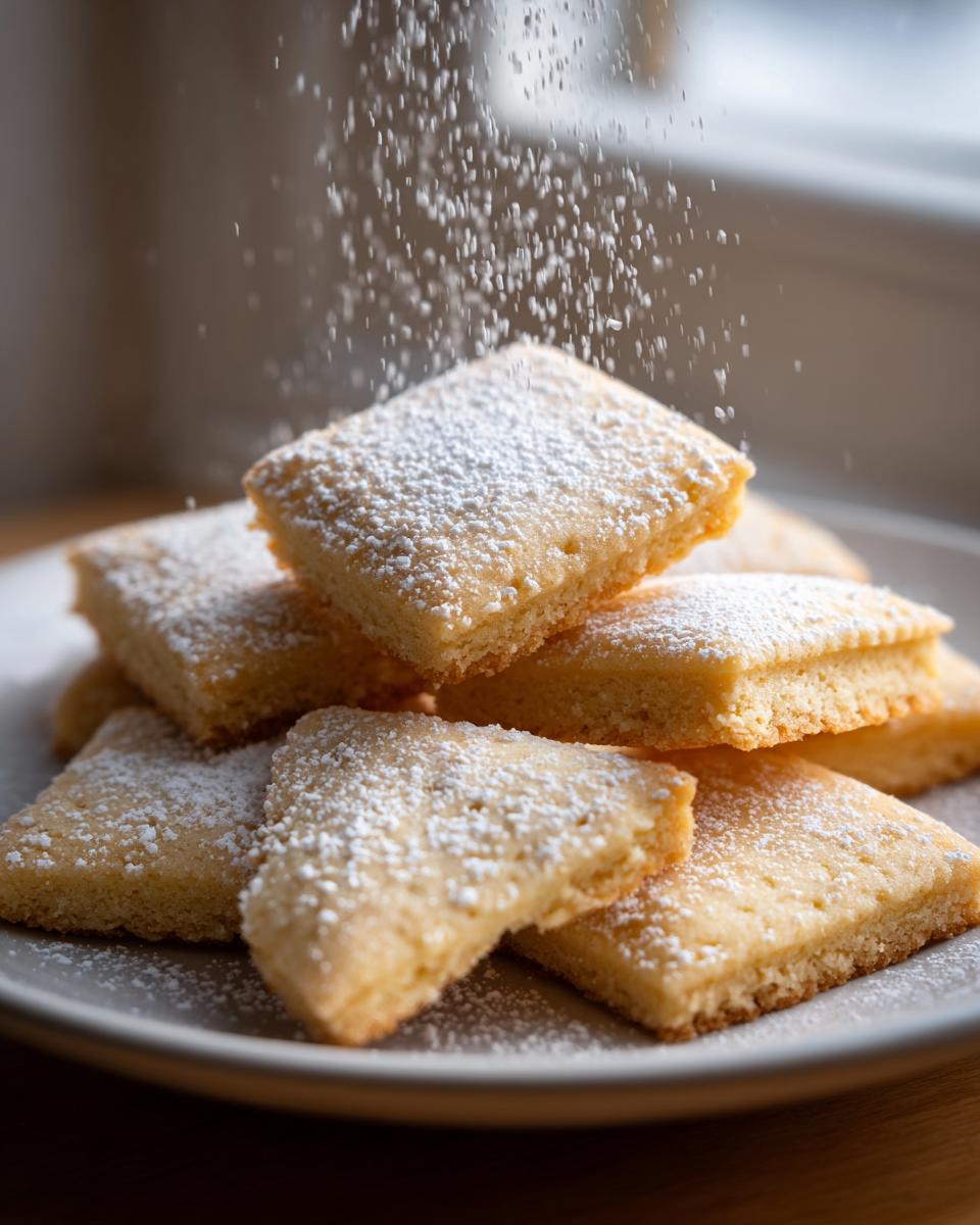 Stapel vierkante Shortbread Cookies die worden bestrooid met fijne poedersuiker.