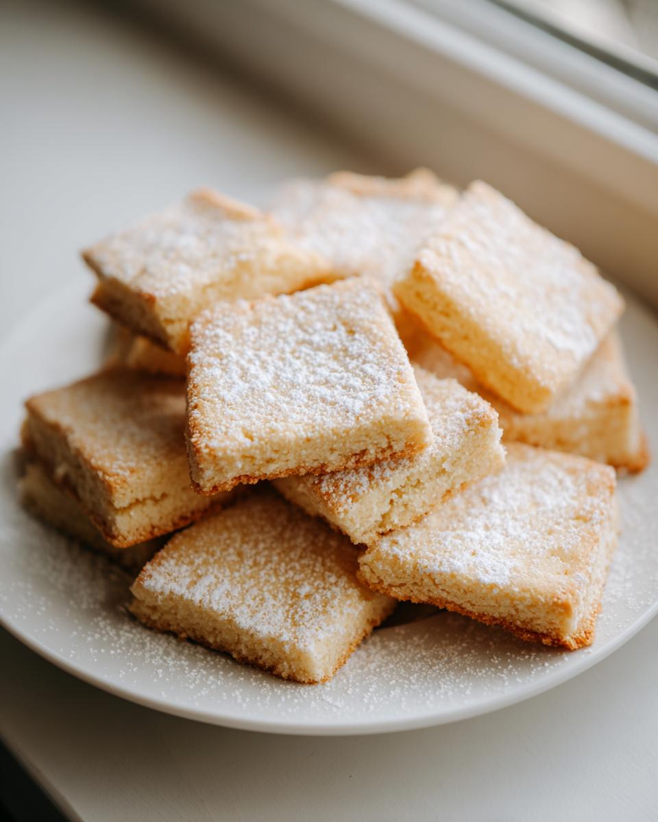 Een stapel vierkante Shortbread Cookies, royaal bestrooid met poedersuiker, op een witte schotel.