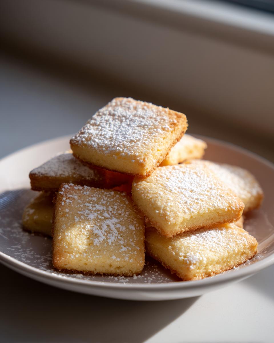 Een stapel vierkante Shortbread Cookies, bestrooid met poedersuiker, op een licht bord.