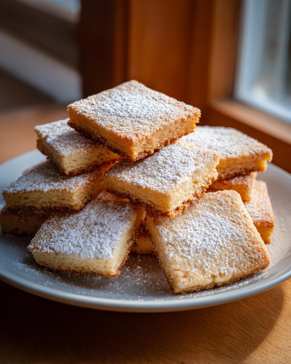 Stapeltje vierkante Shortbread Cookies, rijkelijk bestrooid met poedersuiker op een grijs bord.