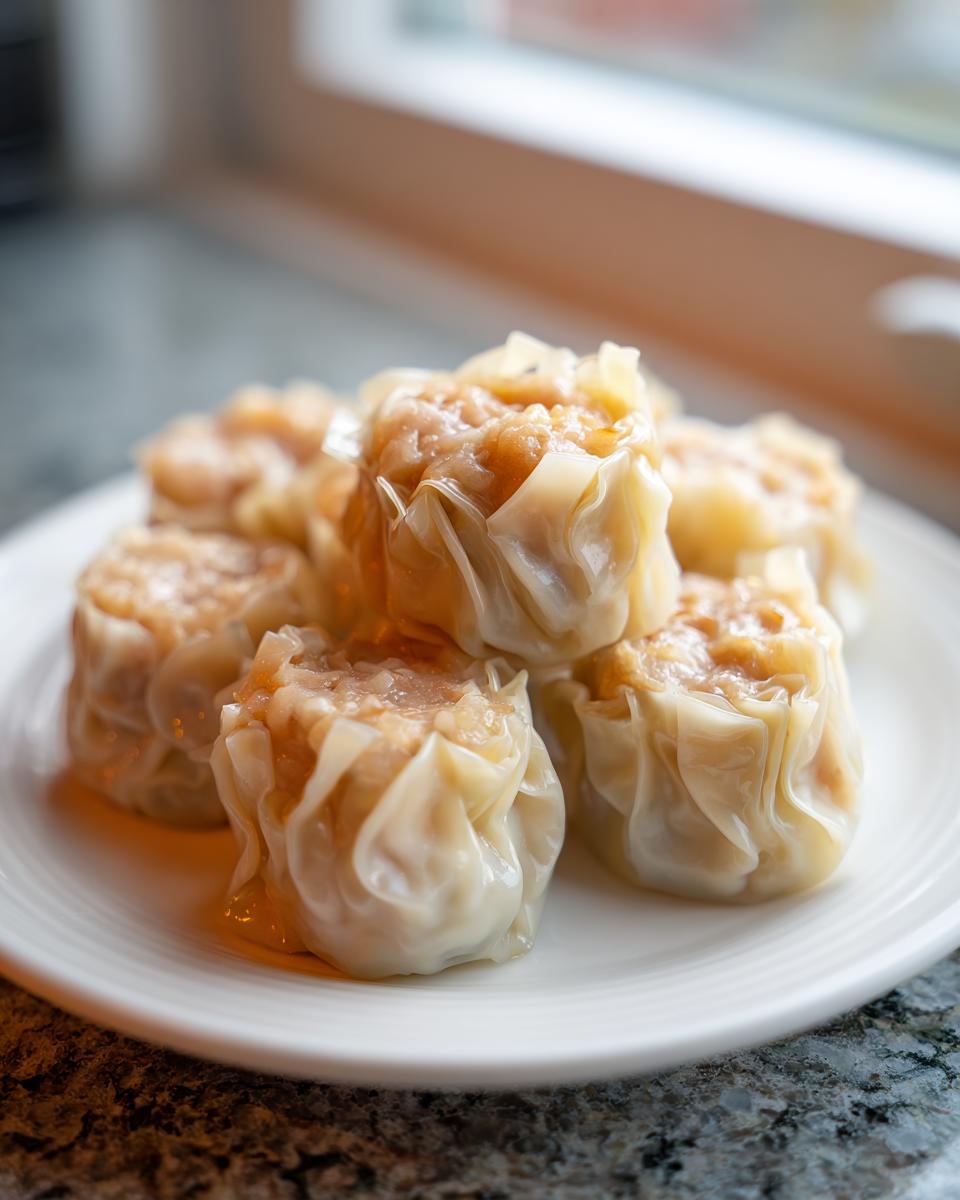 Een stapel gestoomde Shrimp Shumai dumplings op een wit bord, klaar om gegeten te worden.